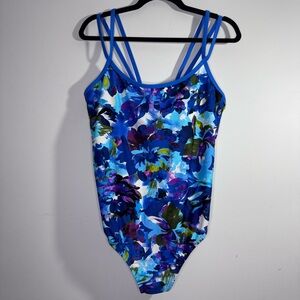 Catalina One Piece Swimsuit Womens 1X 16W Blue Floral Strappy Back